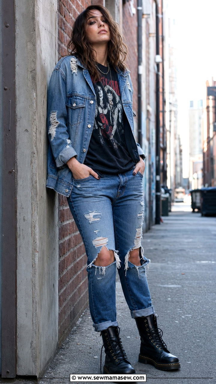 Distressed Denim Jacket With Ripped Jeans - 35 Canadian tuxedo outfit ideas