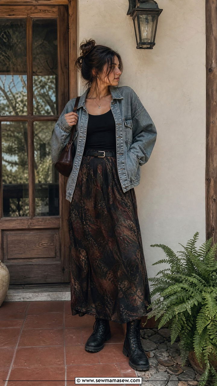 Distressed Denim Jacket and Silk Maxi Skirt - 25 classy grunge outfits