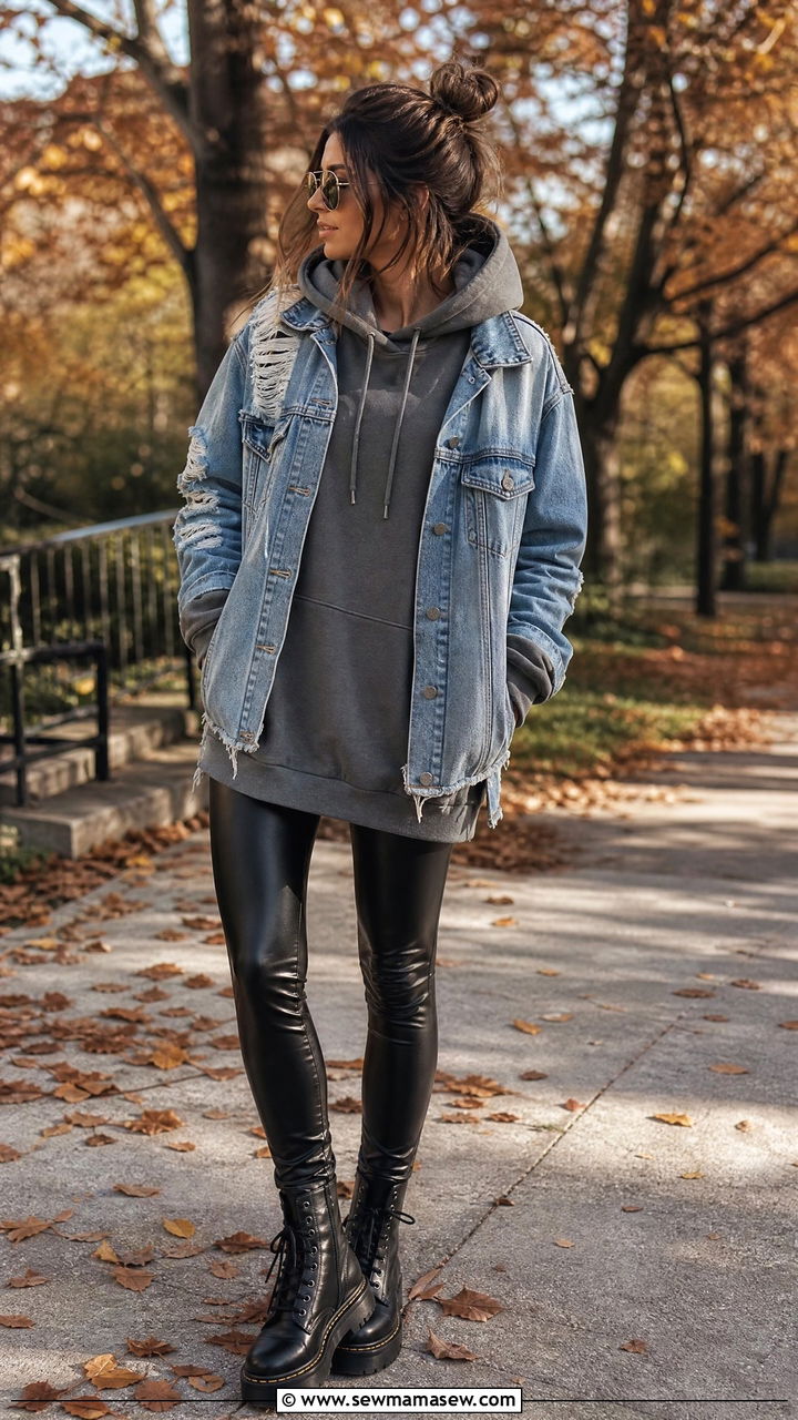 Distressed Denim Jacket with Hoodie and Leather Leggings - 35 grunge outfit ideas for women