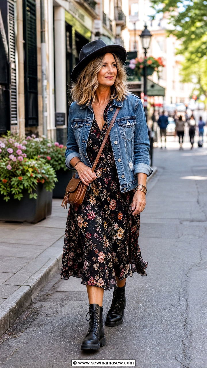 Distressed Denim Jacket with a Floral Midi Dress and Combat Boots - 25 grunge outfit ideas for women over 40