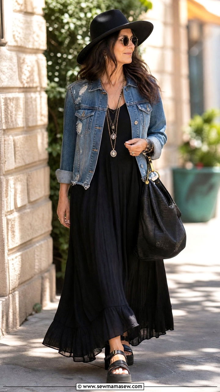 Distressed Denim Jacket with a Maxi Dress and Platform Sandals - 25 grunge outfit ideas for women over 40