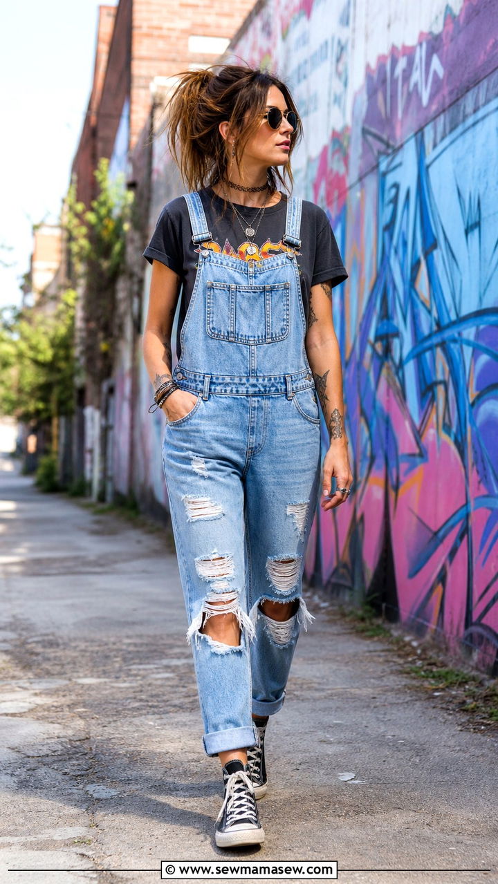 Distressed Denim Overalls And Band Tee Spring Festival Outfit - 40 Spring festival outfits
