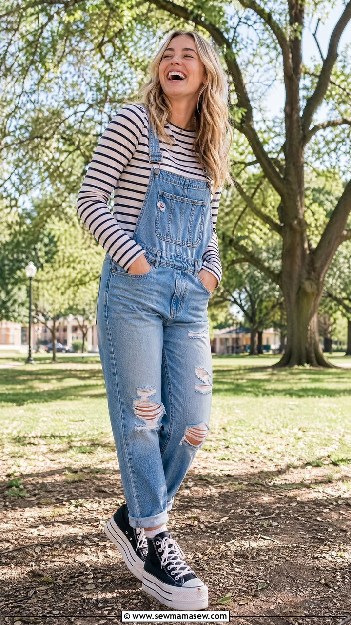 Distressed Denim Overalls With A Striped Long Sleeve Tee And Platform Converse - 35 Concert outfits for tall women