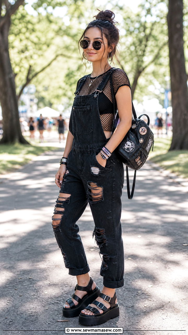 Distressed Denim Overalls With Mesh Bodysuit Look - 30 summer edgy outfits