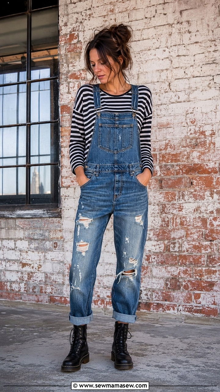 Distressed Denim Overalls With Striped Long Sleeve - 30 grunge outfits aesthetic