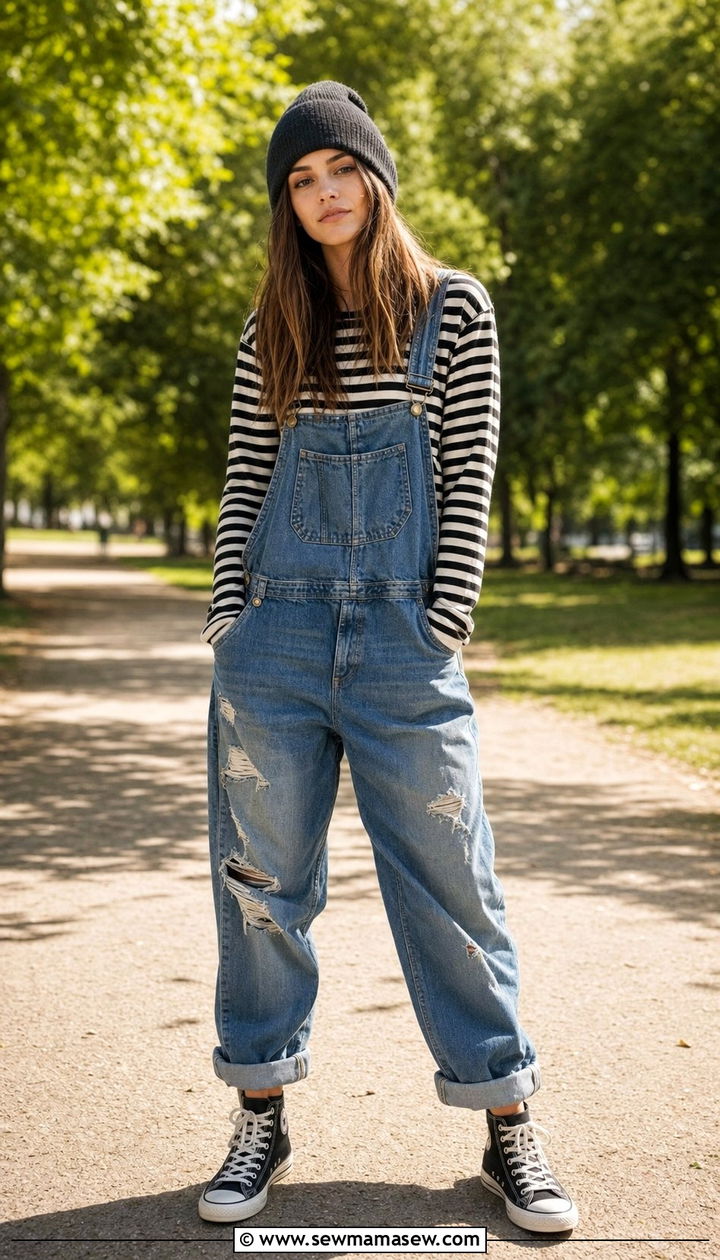 Distressed Denim Overalls With Striped Long Sleeve And Beanie - 25 cute grunge outfits