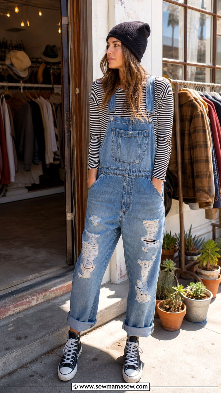 Distressed Denim Overalls With Striped Long Sleeve Tee - 40 grunge outfits ideas