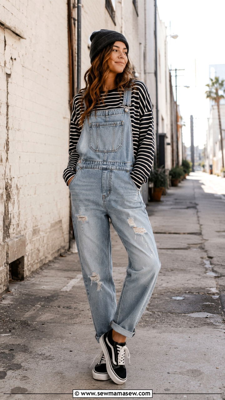 Distressed Denim Overalls with Striped Long Sleeve - 30 casual grunge outfits