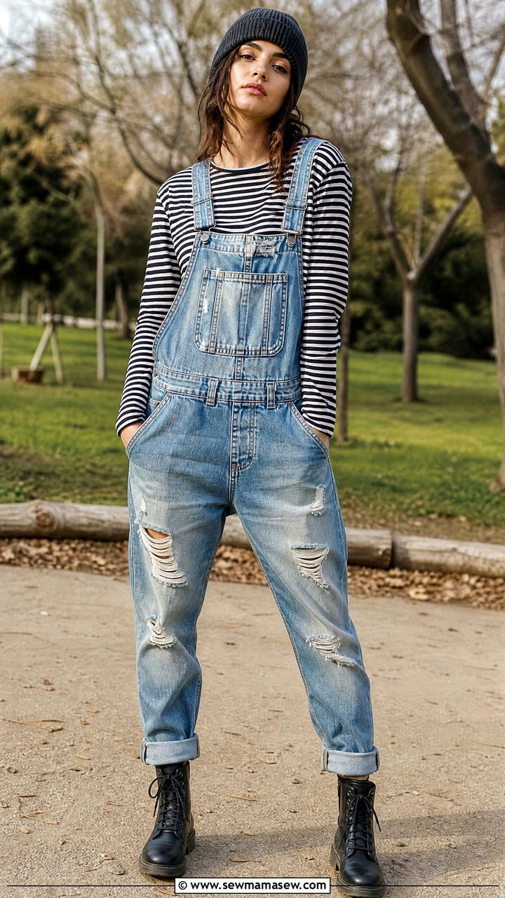 Distressed Denim Overalls with Striped Long Sleeve and Beanie - 35 grunge outfit ideas for women