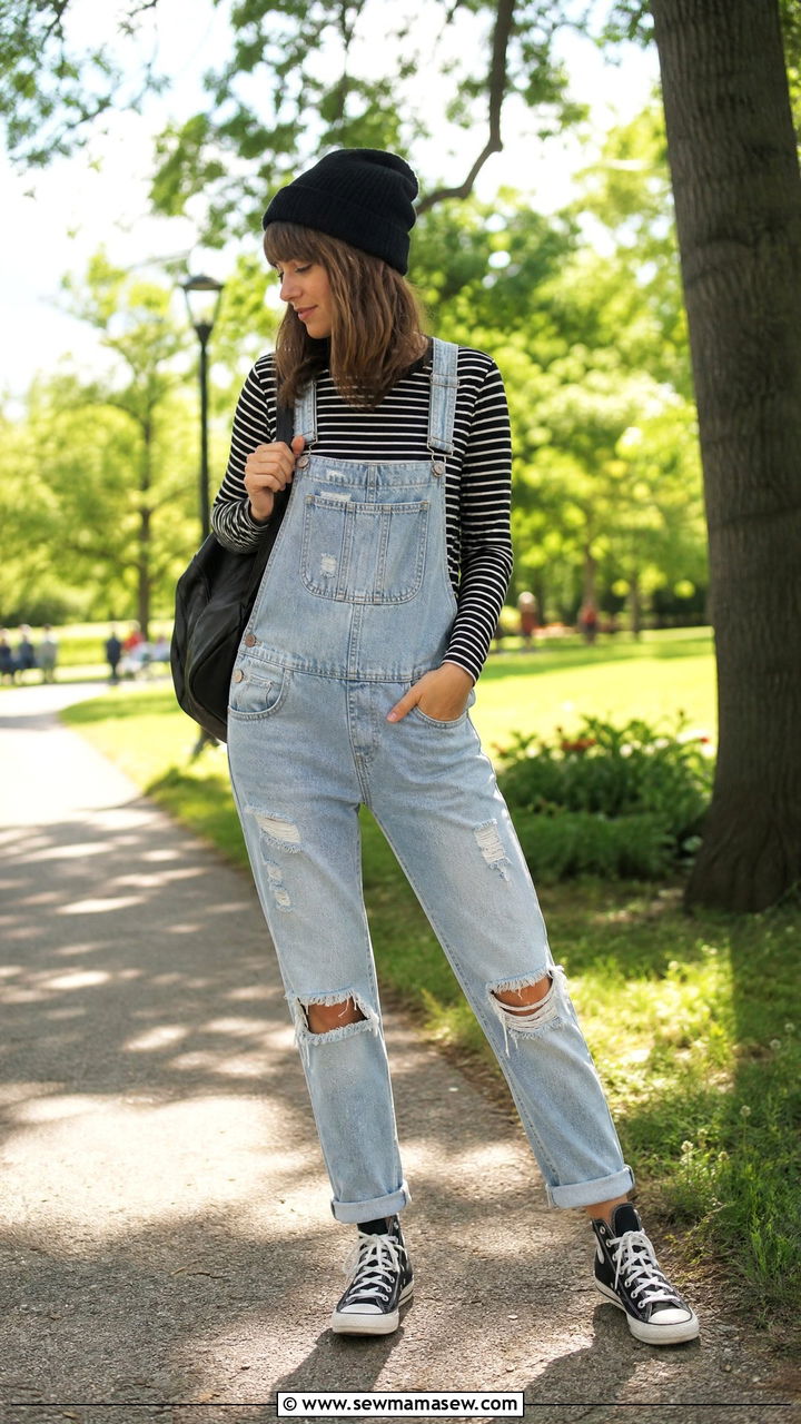 Distressed Denim Overalls with Striped Long Sleeve - 30 summer grunge outfits