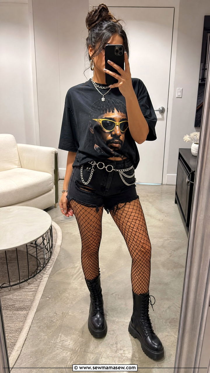 Distressed Denim Shorts With Fishnets And Tee - 25 Bad Bunny concert outfit ideas