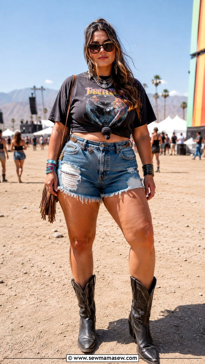 Distressed Denim Shorts With Vintage Band Tee And Western Boots - 30 Plus size outfit ideas for festival