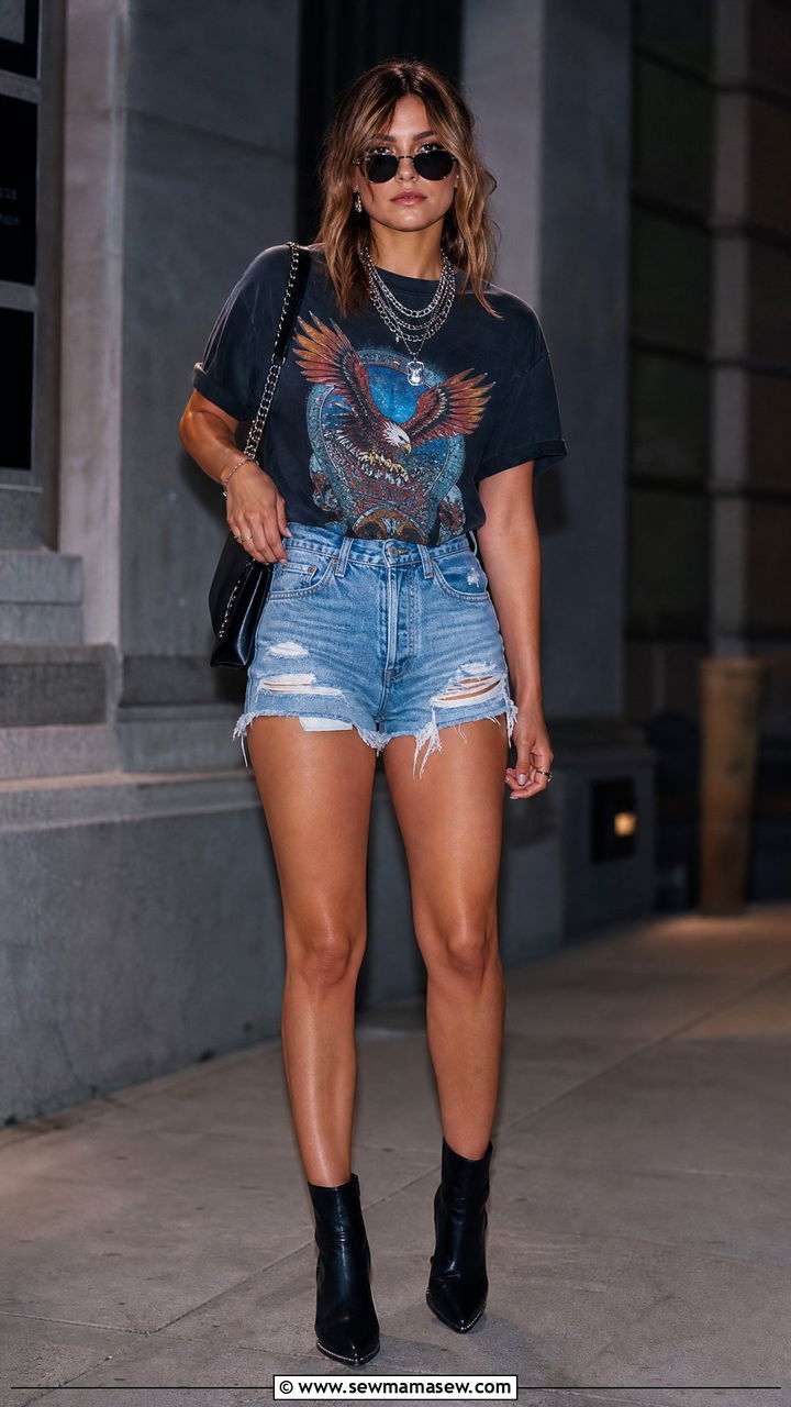 Distressed Denim Shorts with Band Tee and Boots - 25 chic denim shorts outfit ideas