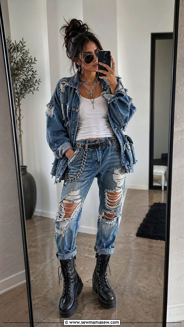 Distressed Denim on Denim Outfit - 35 Edgy outfit ideas