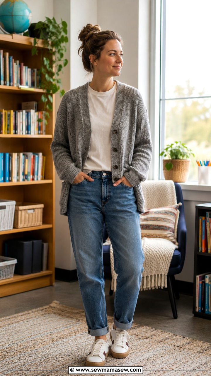 Distressed Free Boyfriend Jeans With Grandad Cardigan And Sneakers - 30 Teacher outfits with jeans