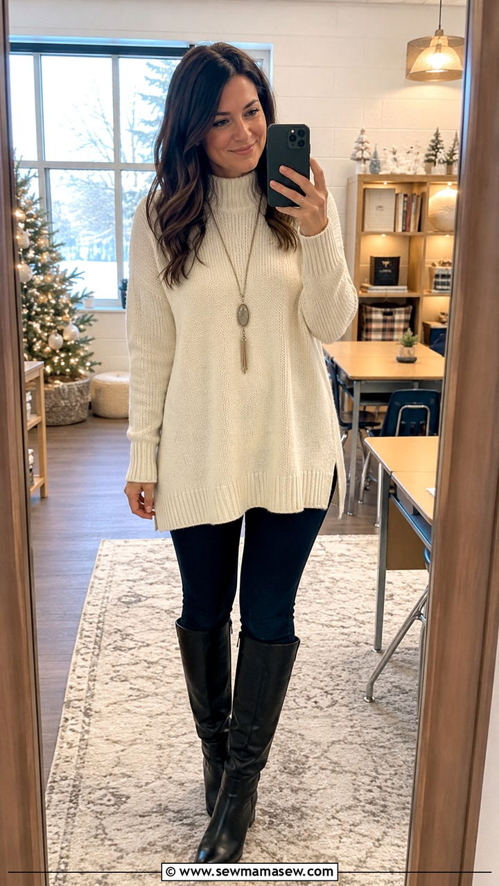 Distressed Free Jeggings With Tunic Sweater And Knee High Boots - 30 Teacher outfits with jeans