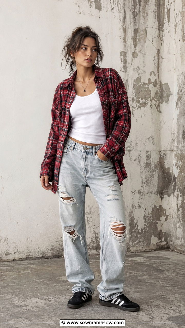 Distressed Jeans And Flannel Shirt With Adidas Samba - 20 How to style Adidas Samba