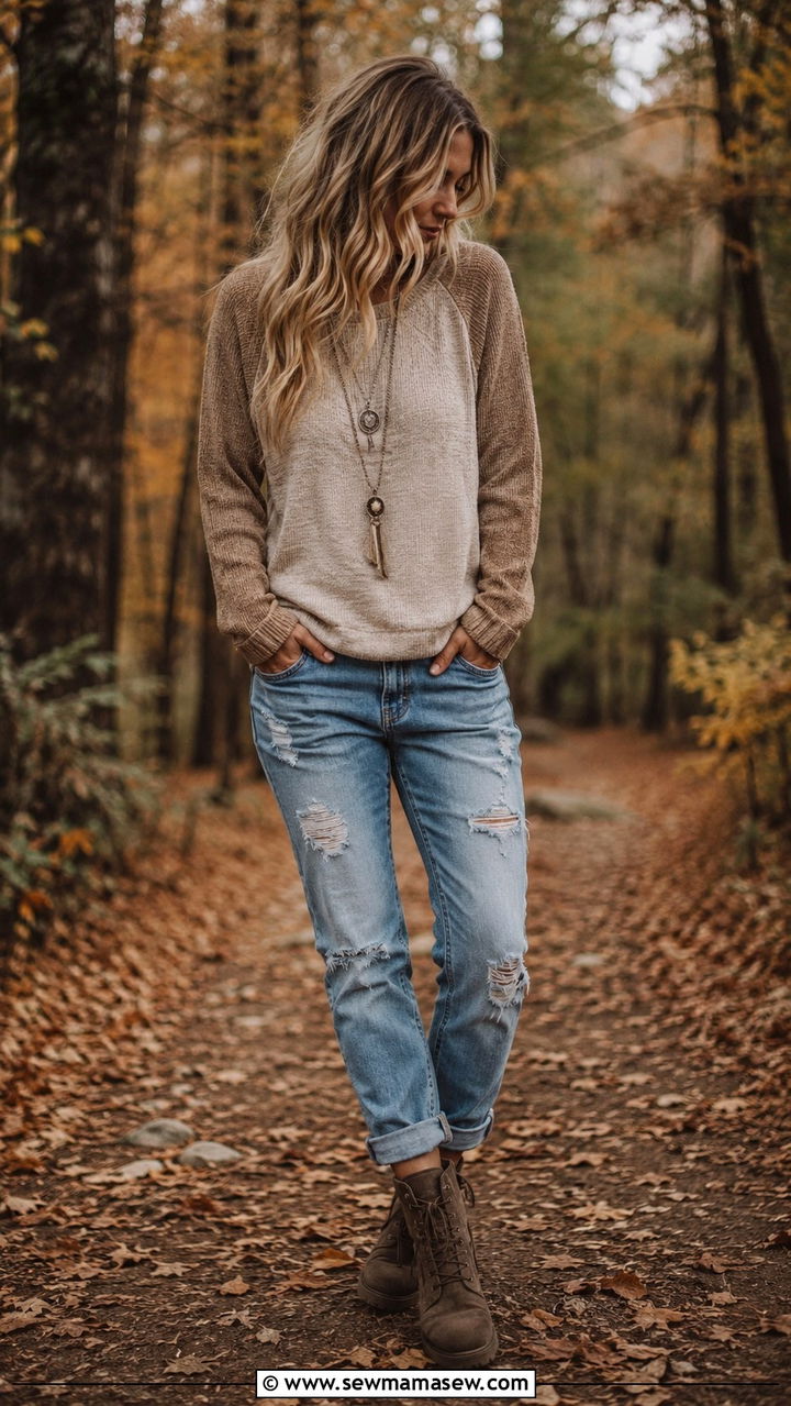 Distressed Jeans With Raglan Sweater And Long Pendant Layered Necklaces - 25 Boho outfit ideas with layered necklaces