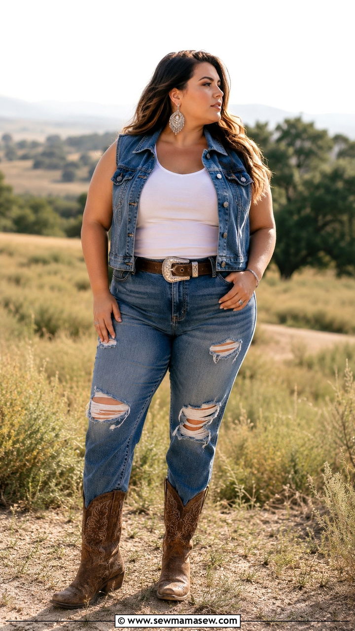 Distressed Jeans With Sleeveless Denim Vest - 25 Western outfit ideas plus size
