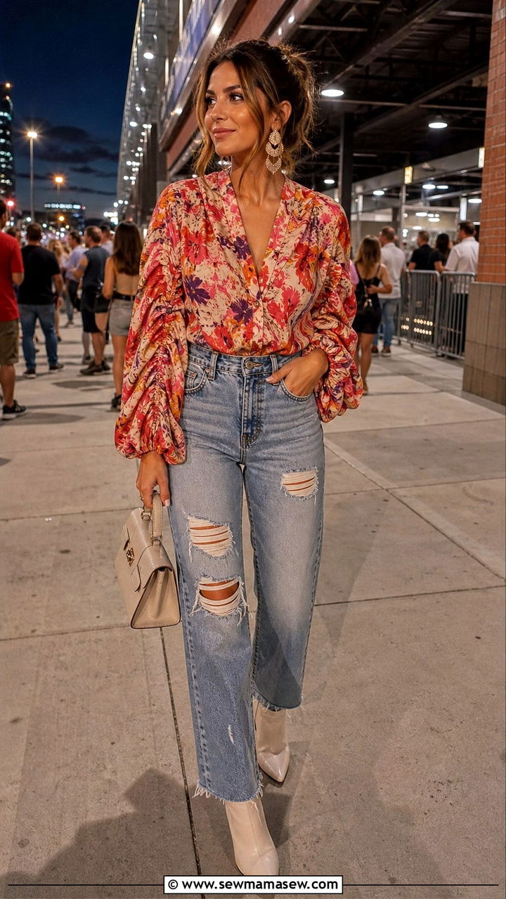 Distressed Jeans and Statement Blouse with Heeled Boots - 40 Summer concert outfits