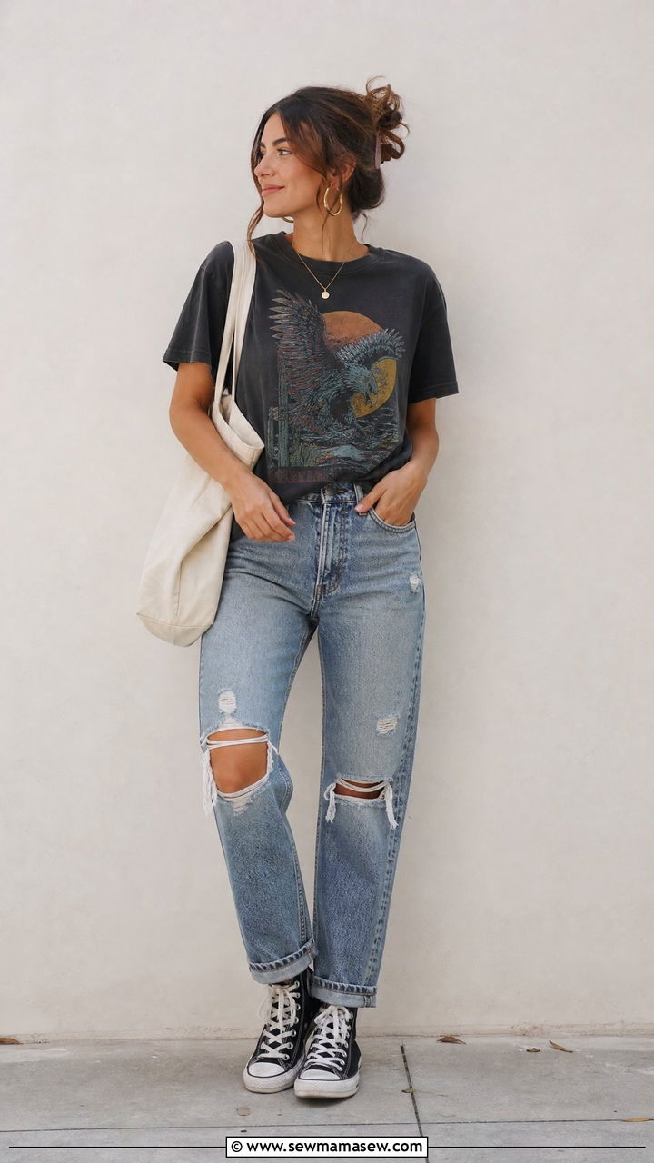 Distressed Jeans with Graphic Tee - 35 jeans outfits ideas