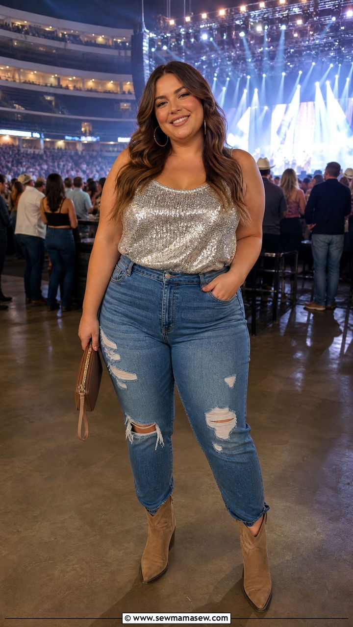 Distressed Jeans with Sparkly Sequin Top and Booties - 30 Country concert outfit ideas plus size