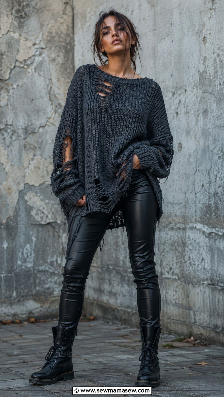 Distressed Knit Sweater and Faux Leather Pants with Boots - 30 grunge outfits inspo
