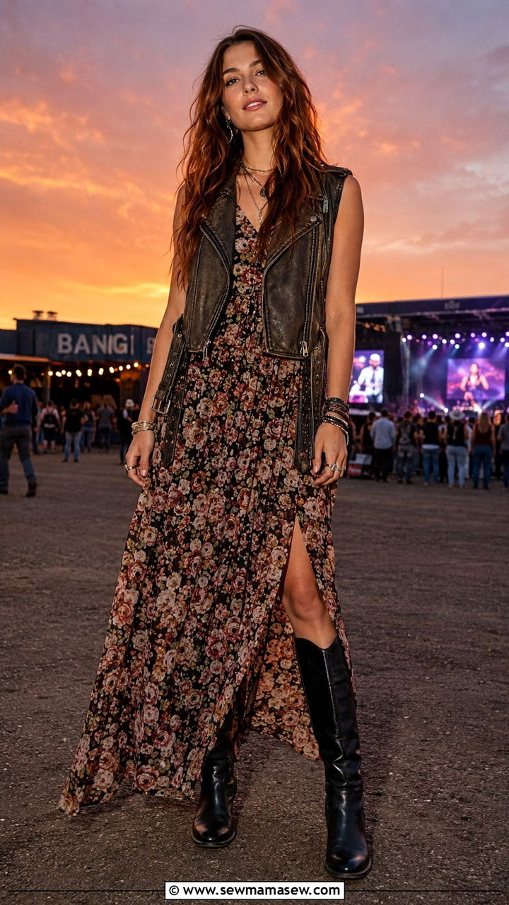 Distressed Leather Vest Over Floral Maxi Dress - 25 Western outfit ideas for women 2026