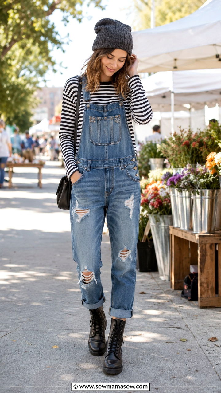 Distressed Overalls and Striped Tee with Beanie and Boots - 30 grunge outfits inspo