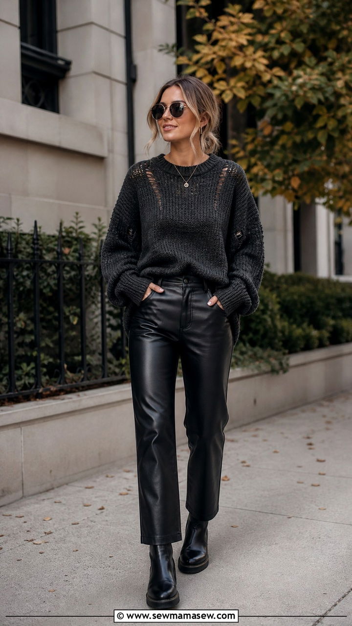 Distressed Oversized Sweater With Leather Pants And Chelsea Boots - 40 grunge outfits ideas
