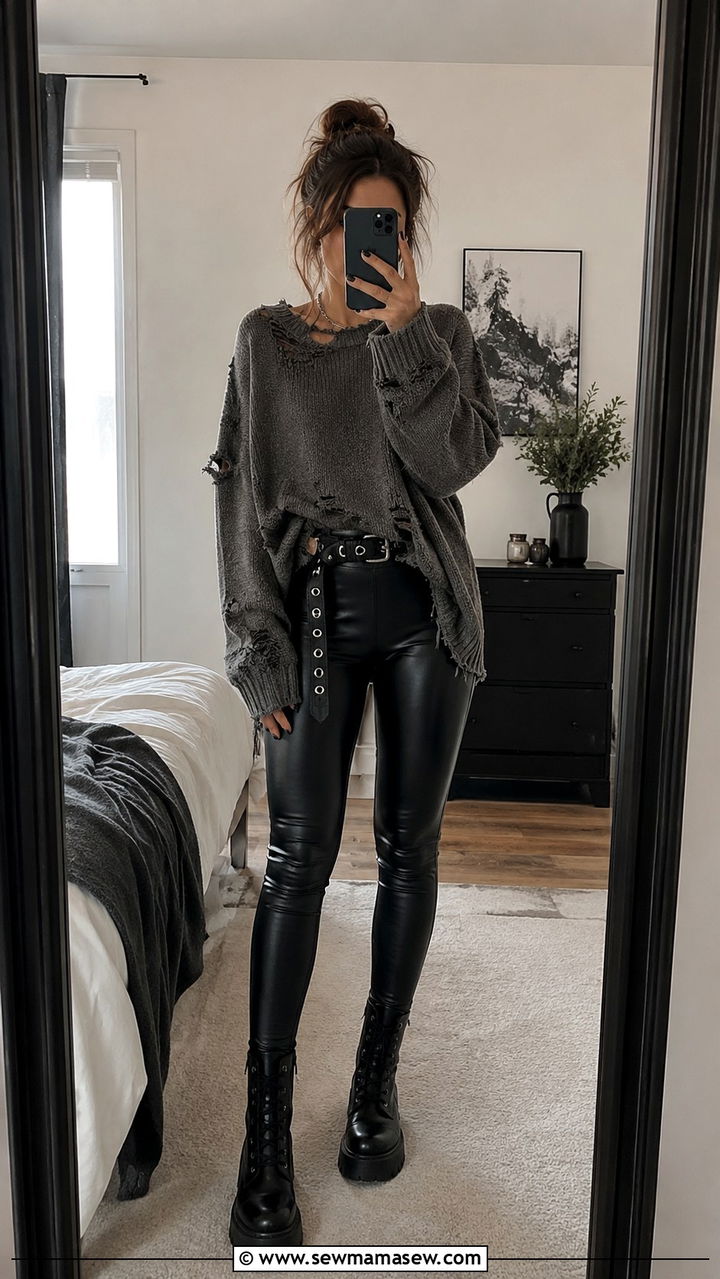 Distressed Sweater and Faux Leather Leggings Grunge Outfit - 20 grunge capsule wardrobe outfits