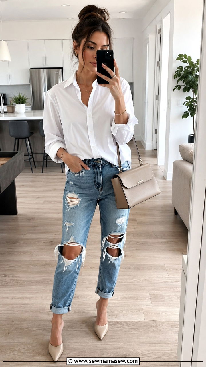 Distressed boyfriend jeans with button down outfit - 25 Boyfriend jeans outfit ideas with a button down