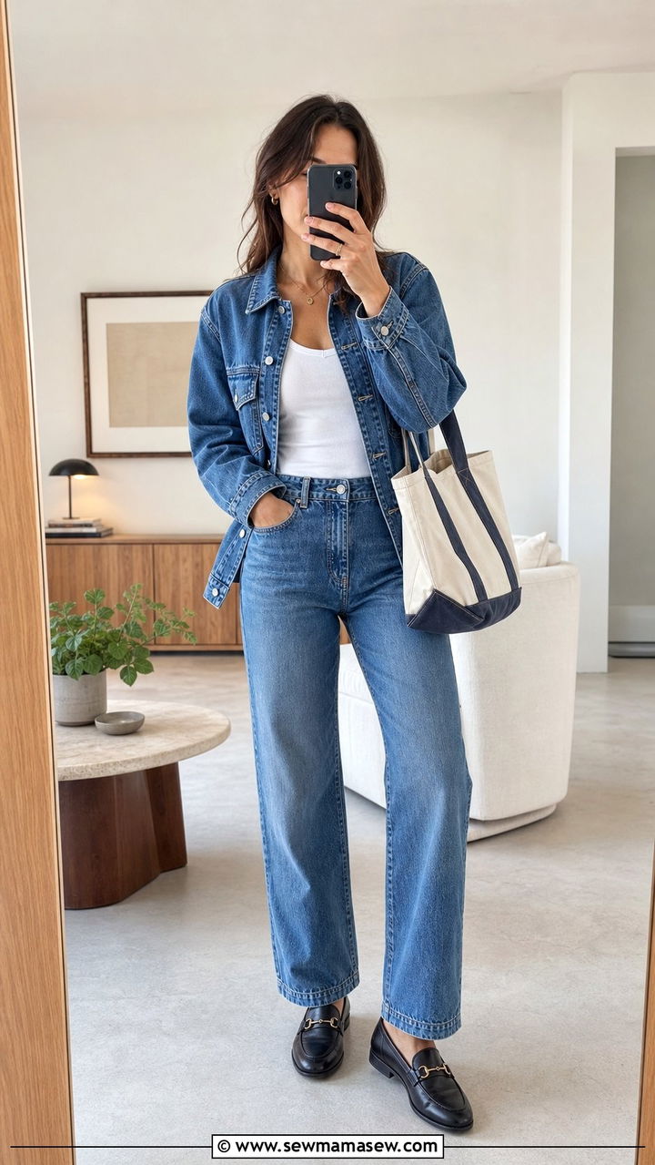 Distressed denim jacket and matching straight leg jeans coord set - 25 Coord set outfit ideas for travel