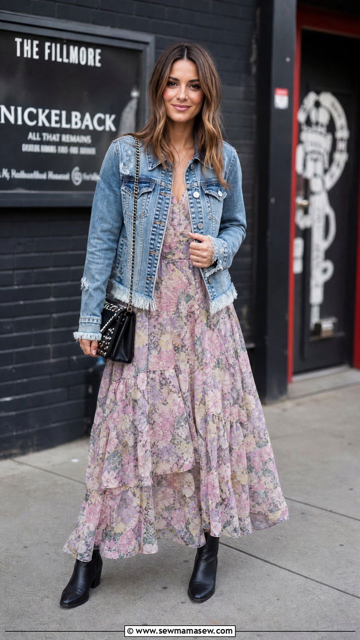Distressed denim jacket with maxi dress outfit - 30 Maxi dress outfit ideas with a denim jacket