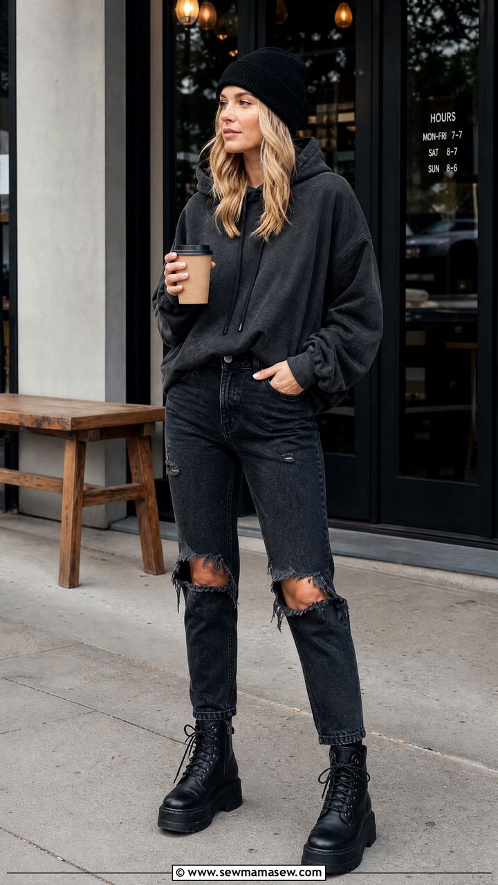 Distressed jeans and oversized hoodie - 25 grunge outfits 2026