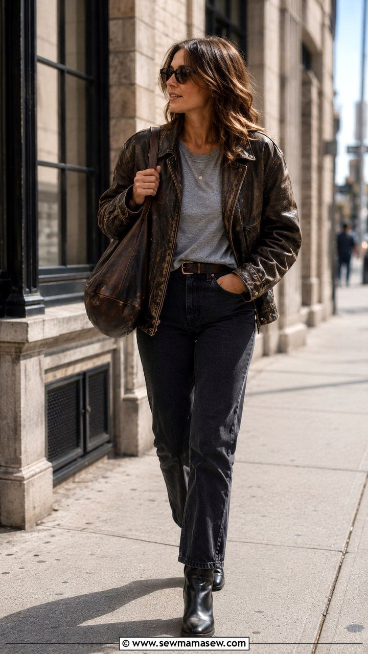 Distressed leather jacket with dark straight jeans - 30 Spring outfits with leather jackets