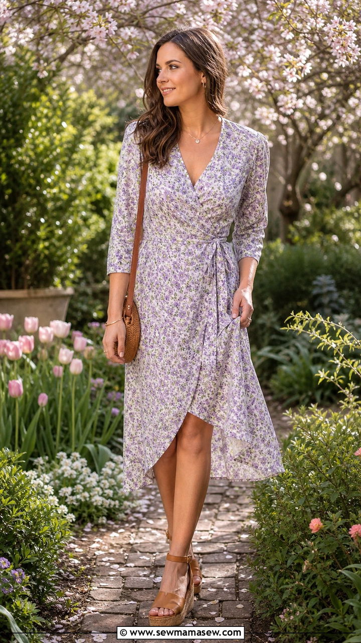 Ditsy Floral Wrap Dress With Wedge Sandals - 40 Spring wardrobe ideas
