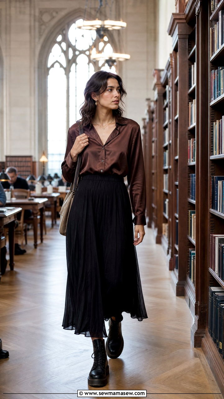 Doc Martens with black maxi skirt and brown satin blouse - 35 Librarian outfit ideas for work
