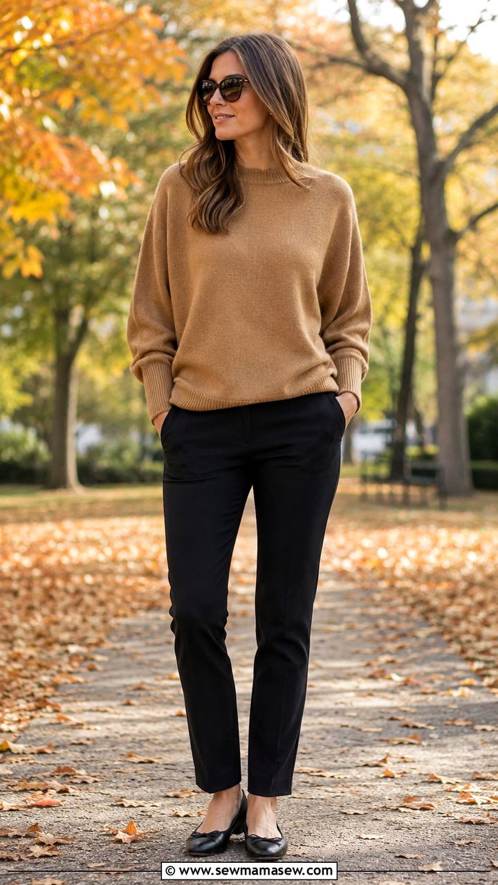 Dolman Sleeve Sweater and Slim Straight Pants - 30 Outfit ideas for broad shoulders