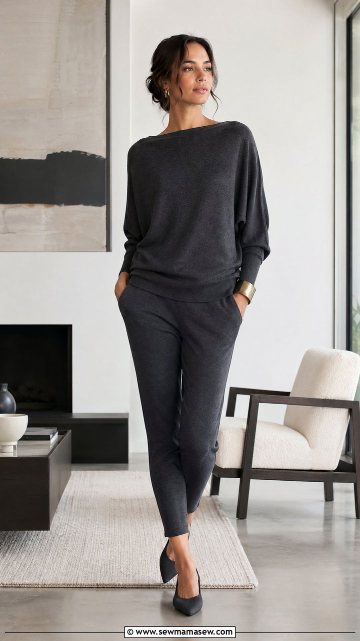Dolman Sleeve Sweater and Tapered Stretch Pants - 35 Elegant loungewear outfit ideas