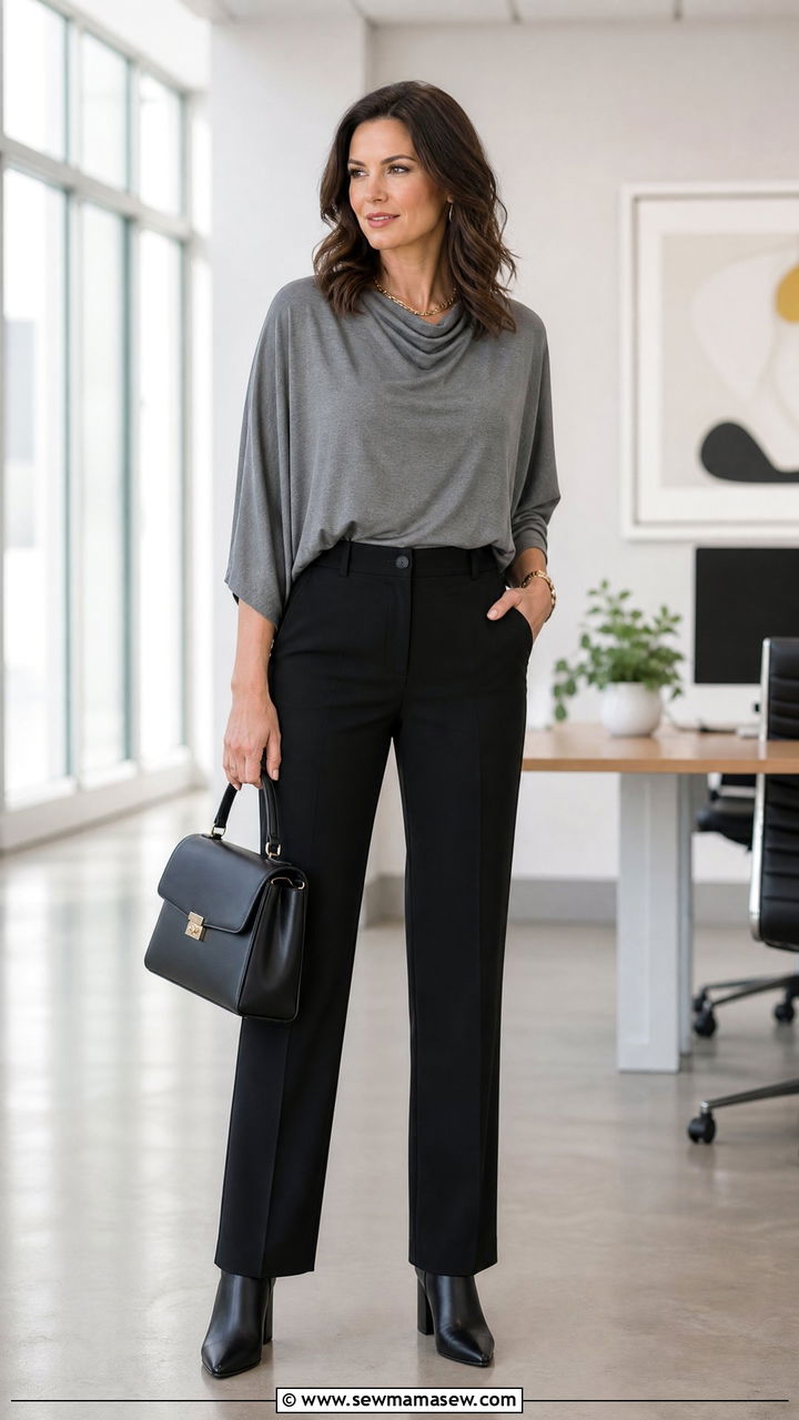Dolman Sleeve Top With Straight Leg Trousers Outfit - 25 Outfit ideas for broad shoulders to balance
