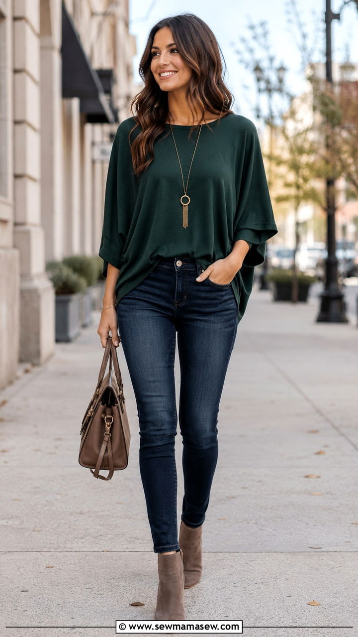 Dolman Sleeve Top with Skinny Jeans - 25 Outfits to balance shoulders