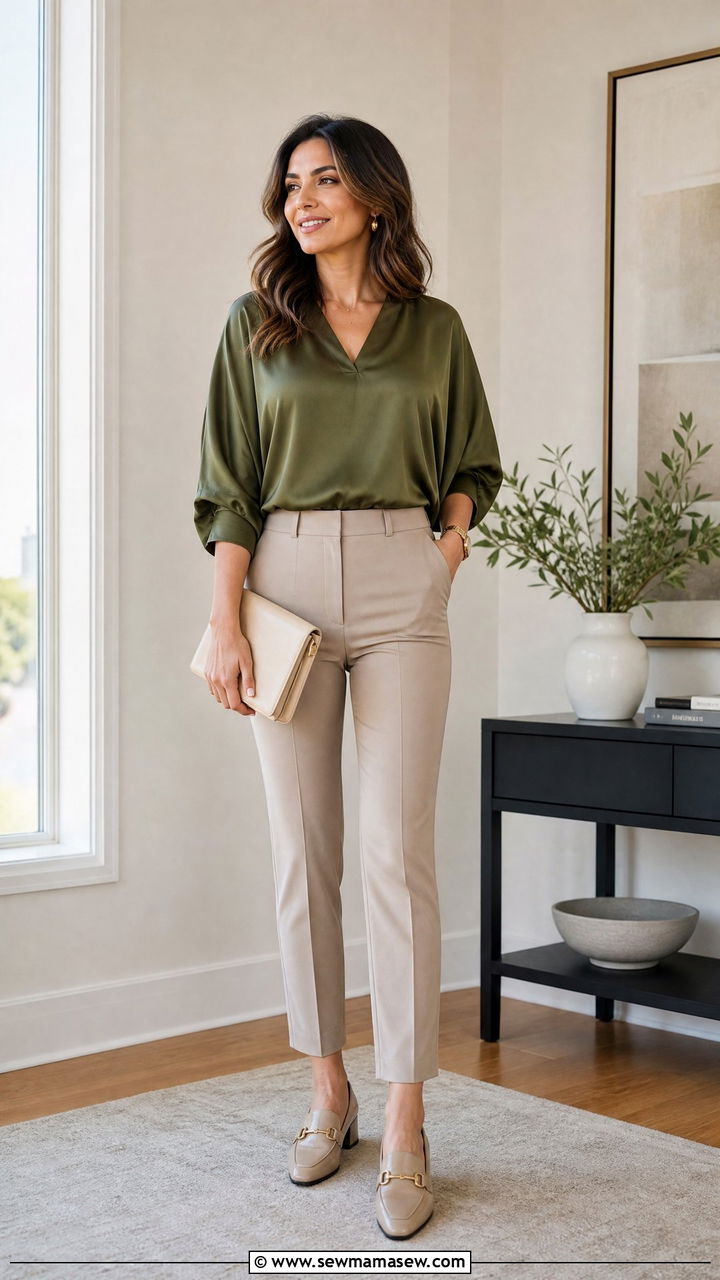 Dolman sleeve blouse with slim fit trousers - 25 Outfit ideas to flatter shoulders