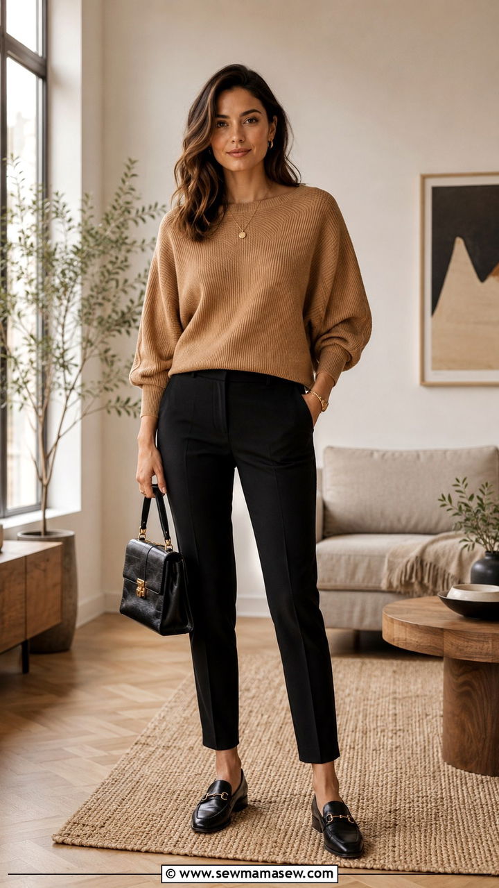 Dolman sleeve sweater with slim trousers - 25 Outfit ideas for inverted triangle shape