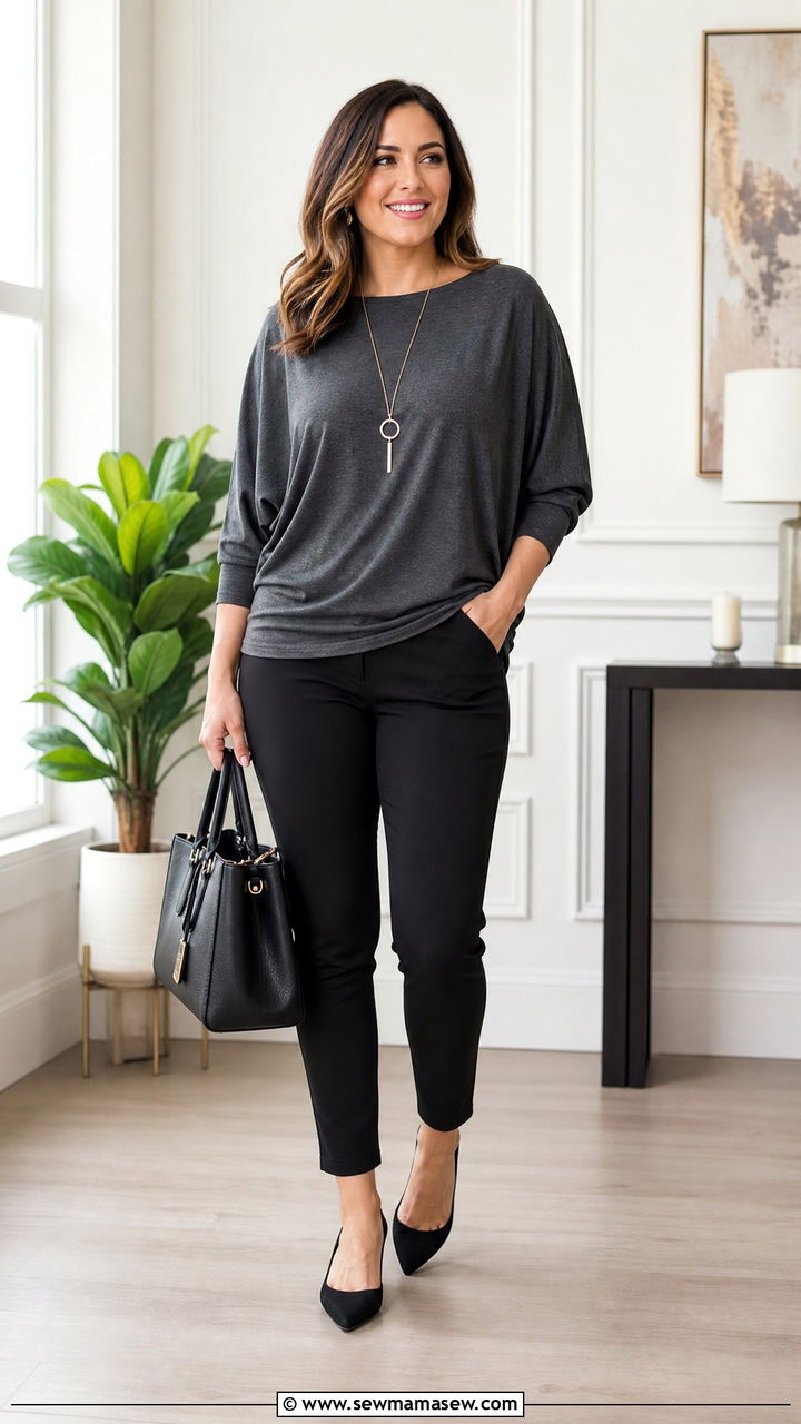 Dolman sleeve top with slim fit pants - 25 Flattering outfits for big arms