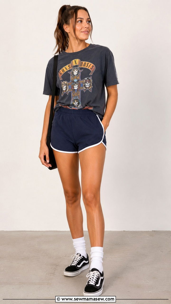Dolphin shorts with graphic tee and crew socks - 30 Gym outfit ideas with shorts