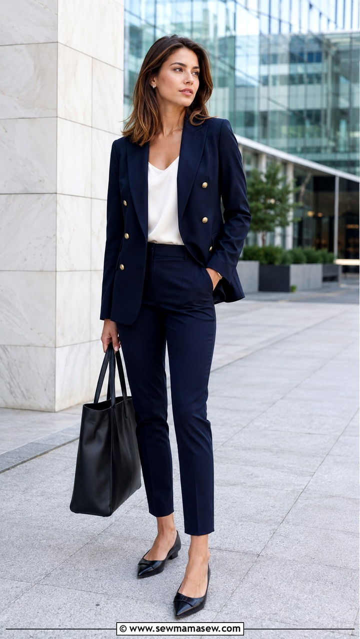 Double Breasted Blazer With Cigarette Trousers and Pointed Toe Flats - 25 10 day travel capsule outfits
