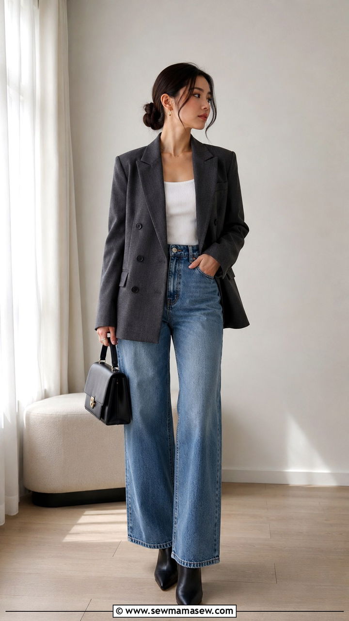 Double Breasted Blazer With High Waisted Jeans - 30 High waisted jeans outfit ideas with a blazer