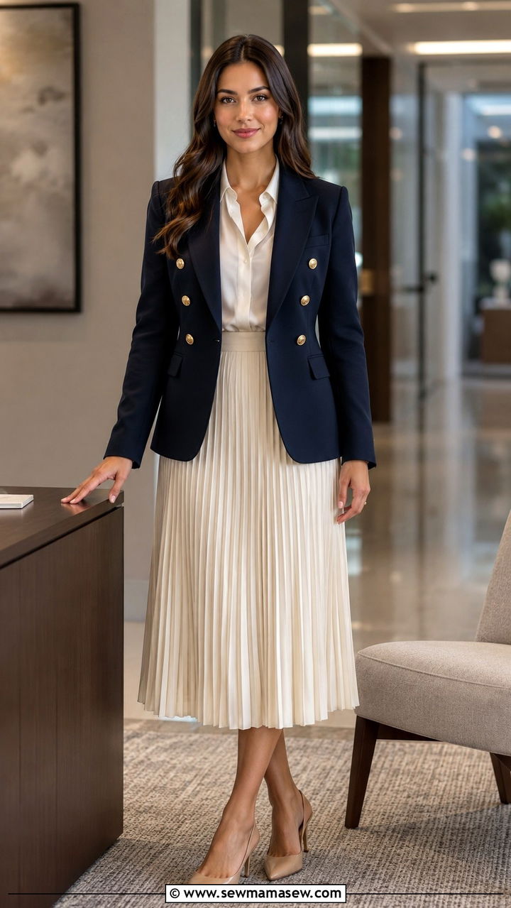 Double Breasted Blazer With Pleated Skirt And Slingbacks - 30 Pleated skirt outfit ideas with a blazer