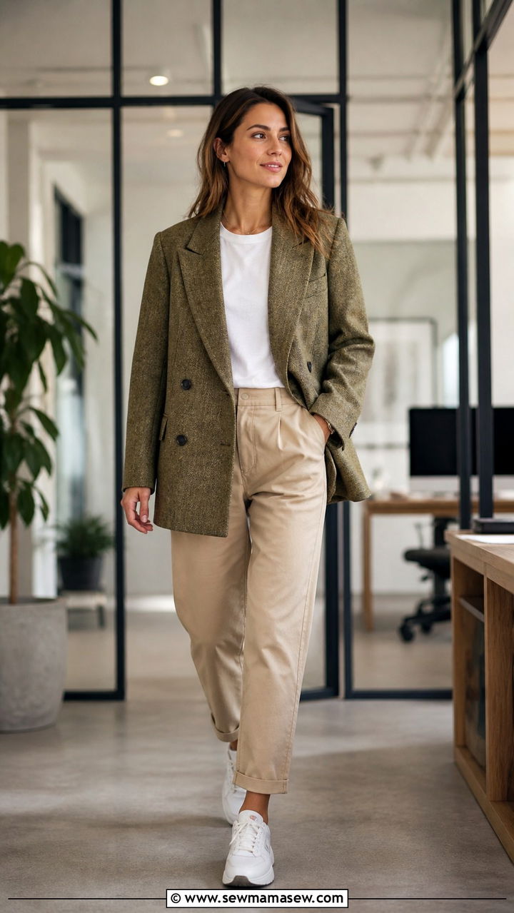 Double Breasted Blazer With Relaxed Chinos And Sneakers - 20 Eclectic grandpa outfit ideas for work